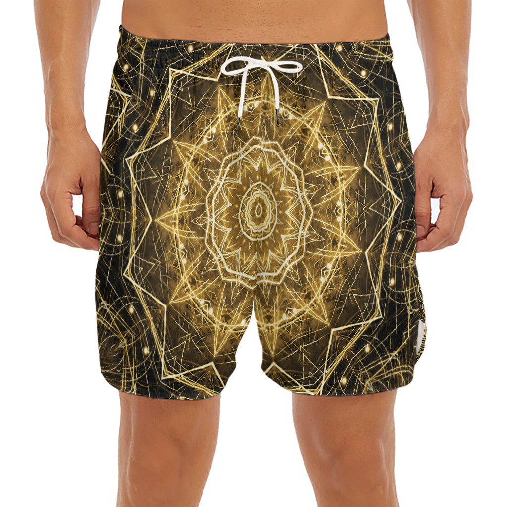 Gold Kaleidoscope Print Men's Split Running Shorts
