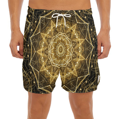 Gold Kaleidoscope Print Men's Split Running Shorts