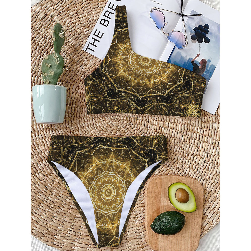 Gold Kaleidoscope Print One Shoulder Bikini Top