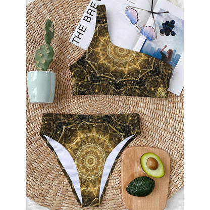 Gold Kaleidoscope Print One Shoulder Bikini Top