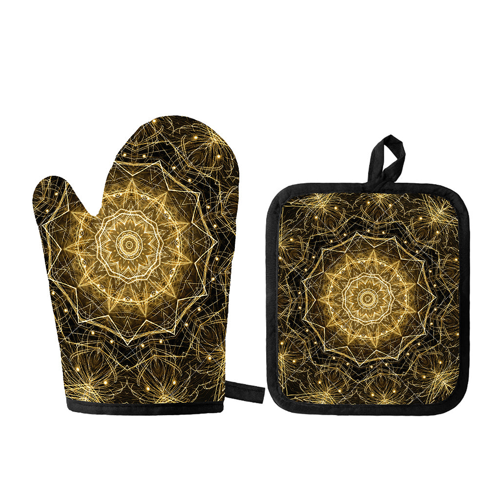 Gold Kaleidoscope Print Oven Mitt And Pot Holder Set