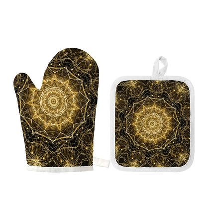 Gold Kaleidoscope Print Oven Mitt And Pot Holder Set