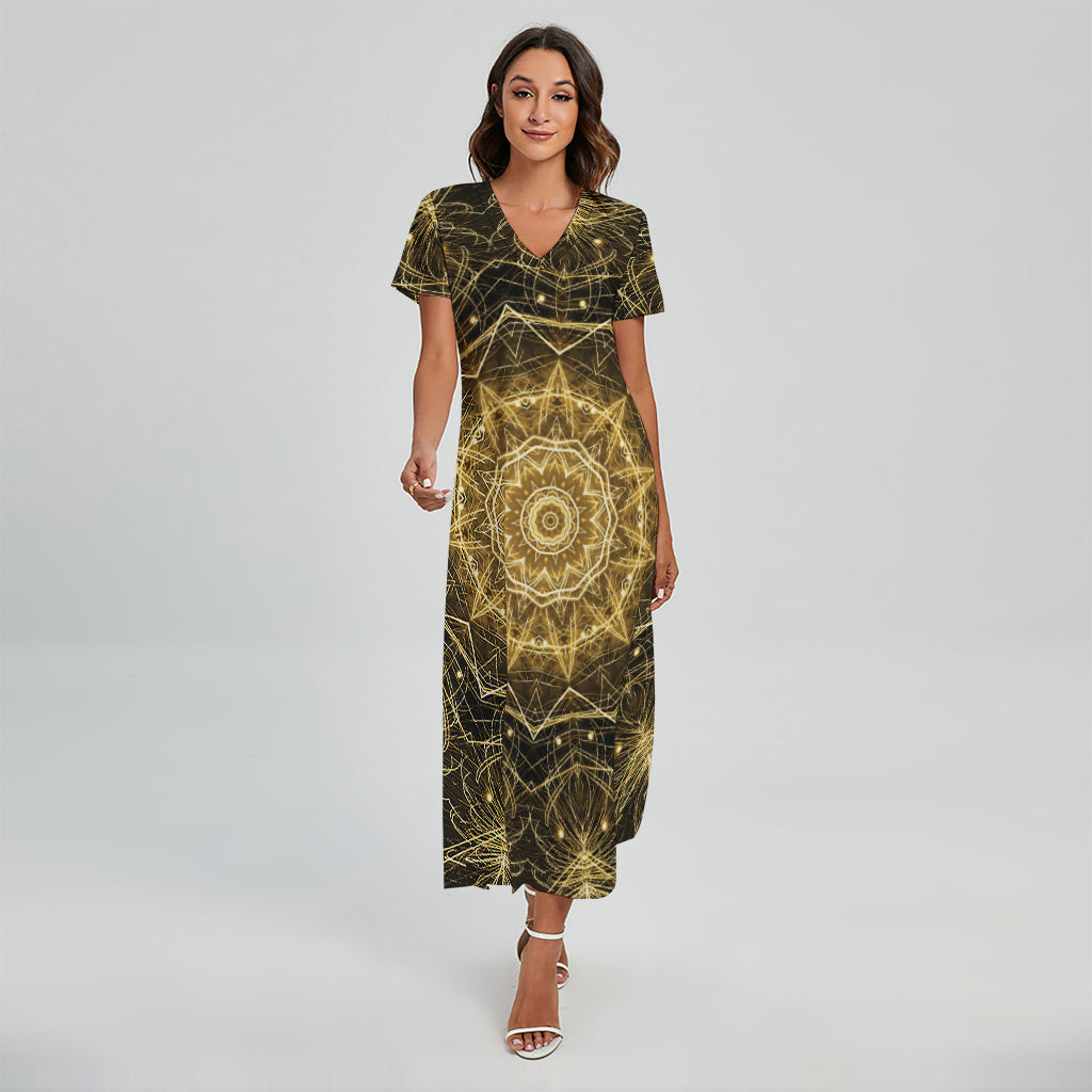 Gold Kaleidoscope Print Short Sleeve Maxi Dress