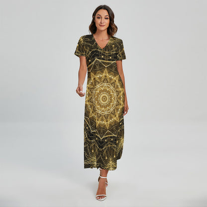 Gold Kaleidoscope Print Short Sleeve Maxi Dress