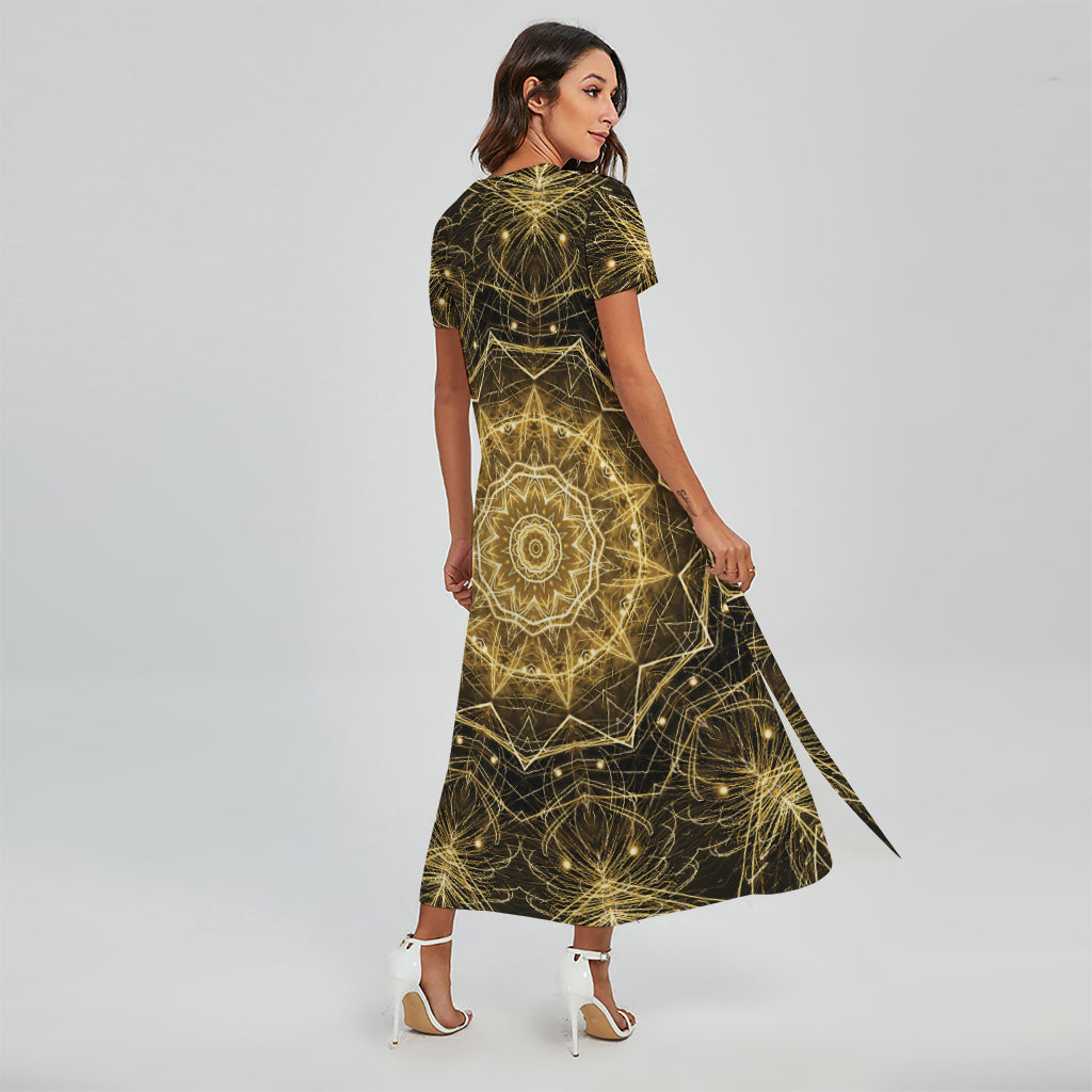 Gold Kaleidoscope Print Short Sleeve Maxi Dress