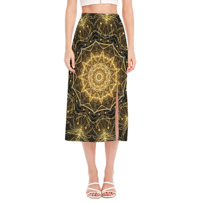 Gold Kaleidoscope Print Side Slit Midi Skirt
