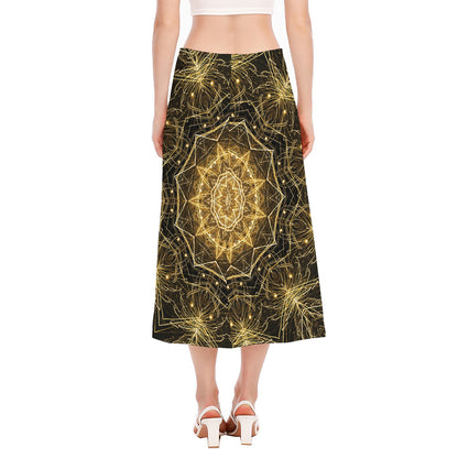 Gold Kaleidoscope Print Side Slit Midi Skirt