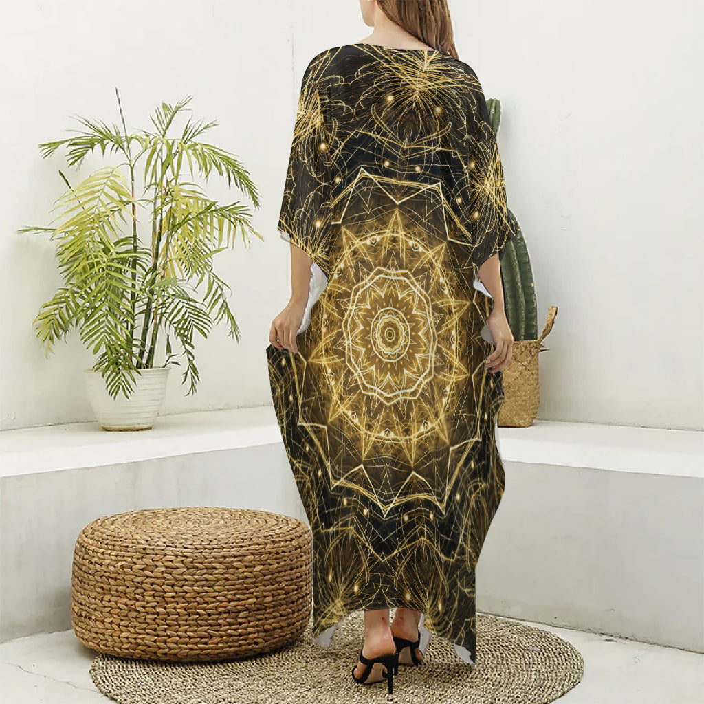 Gold Kaleidoscope Print Silk V-Neck Kaftan Dress