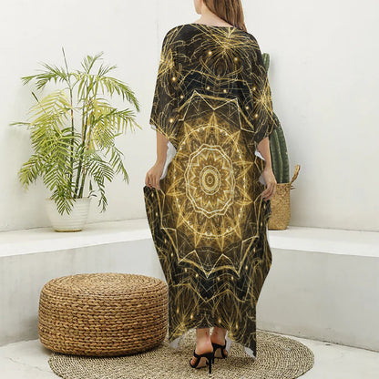 Gold Kaleidoscope Print Silk V-Neck Kaftan Dress