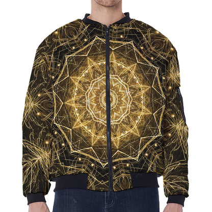Gold Kaleidoscope Print Zip Sleeve Bomber Jacket
