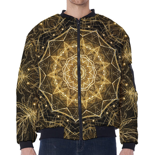 Gold Kaleidoscope Print Zip Sleeve Bomber Jacket