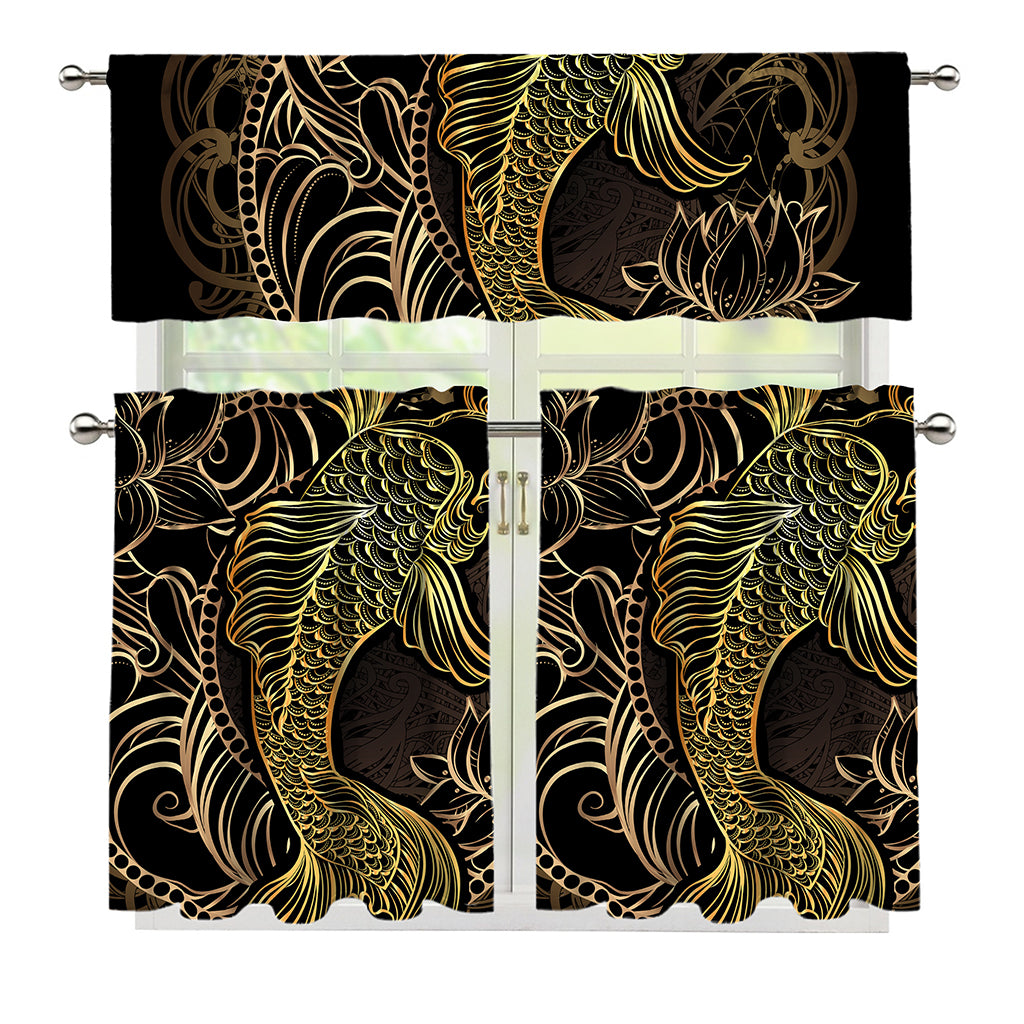 Gold Koi Carp Fish Print 3 Piece Kitchen Curtains