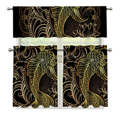 Gold Koi Carp Fish Print 3 Piece Kitchen Curtains