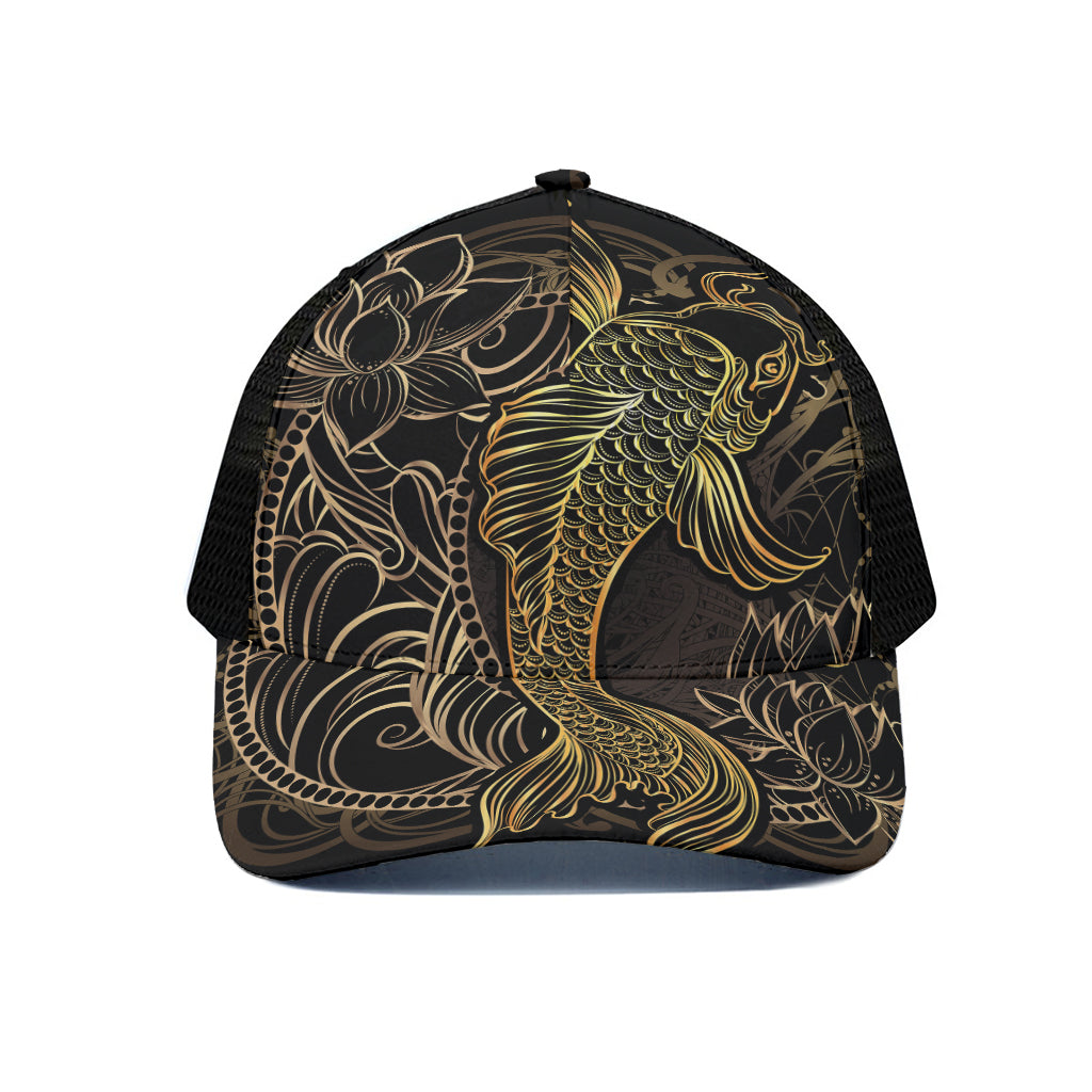 Gold Koi Carp Fish Print Black Mesh Trucker Cap