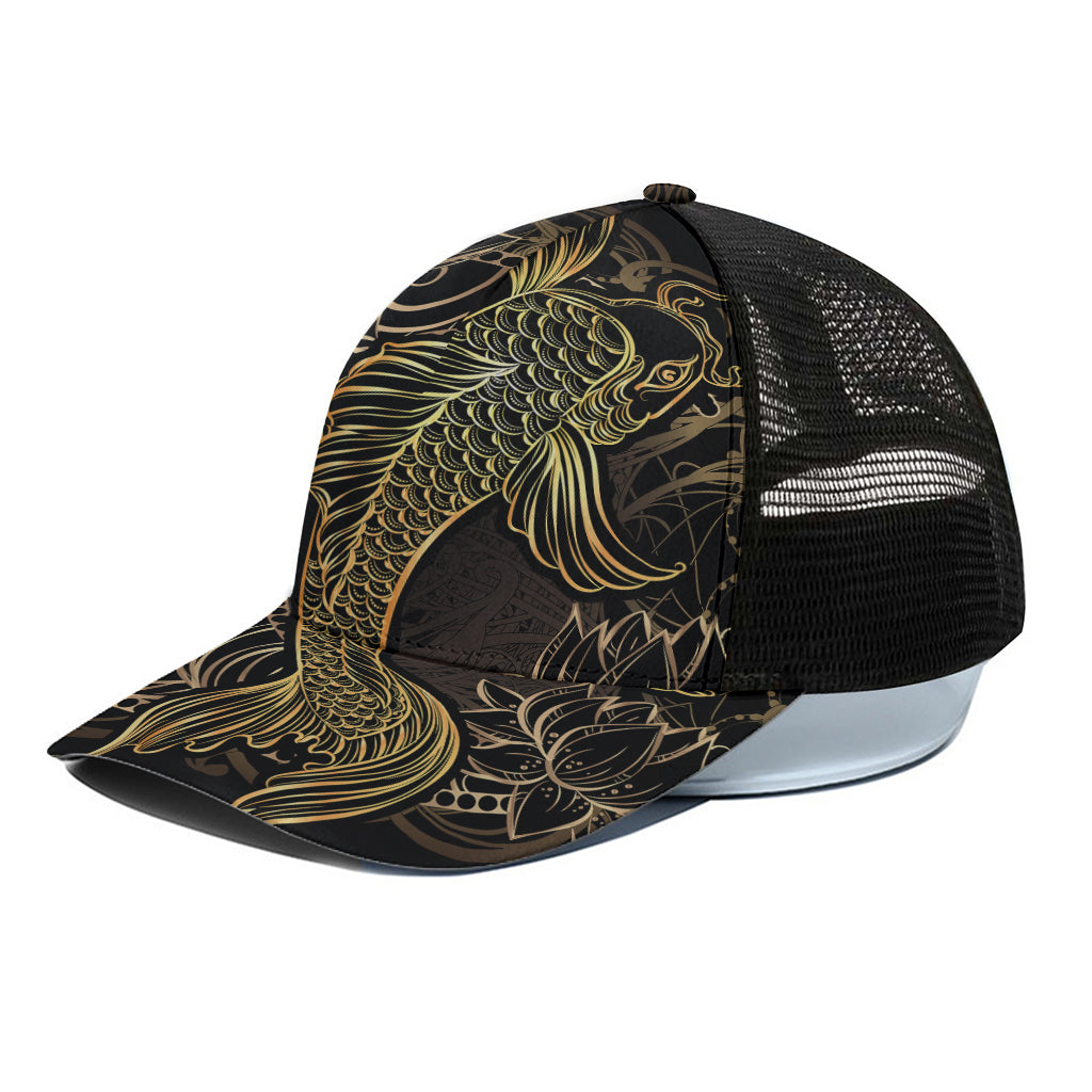 Gold Koi Carp Fish Print Black Mesh Trucker Cap