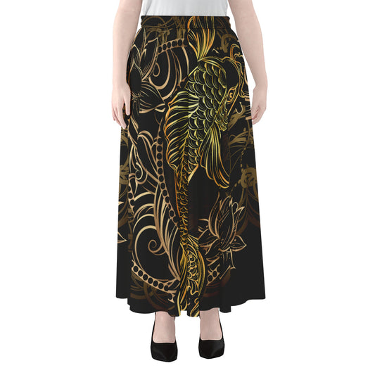 Gold Koi Carp Fish Print Chiffon Maxi Skirt