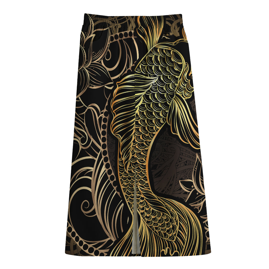 Gold Koi Carp Fish Print Cotton Front Slit Maxi Skirt