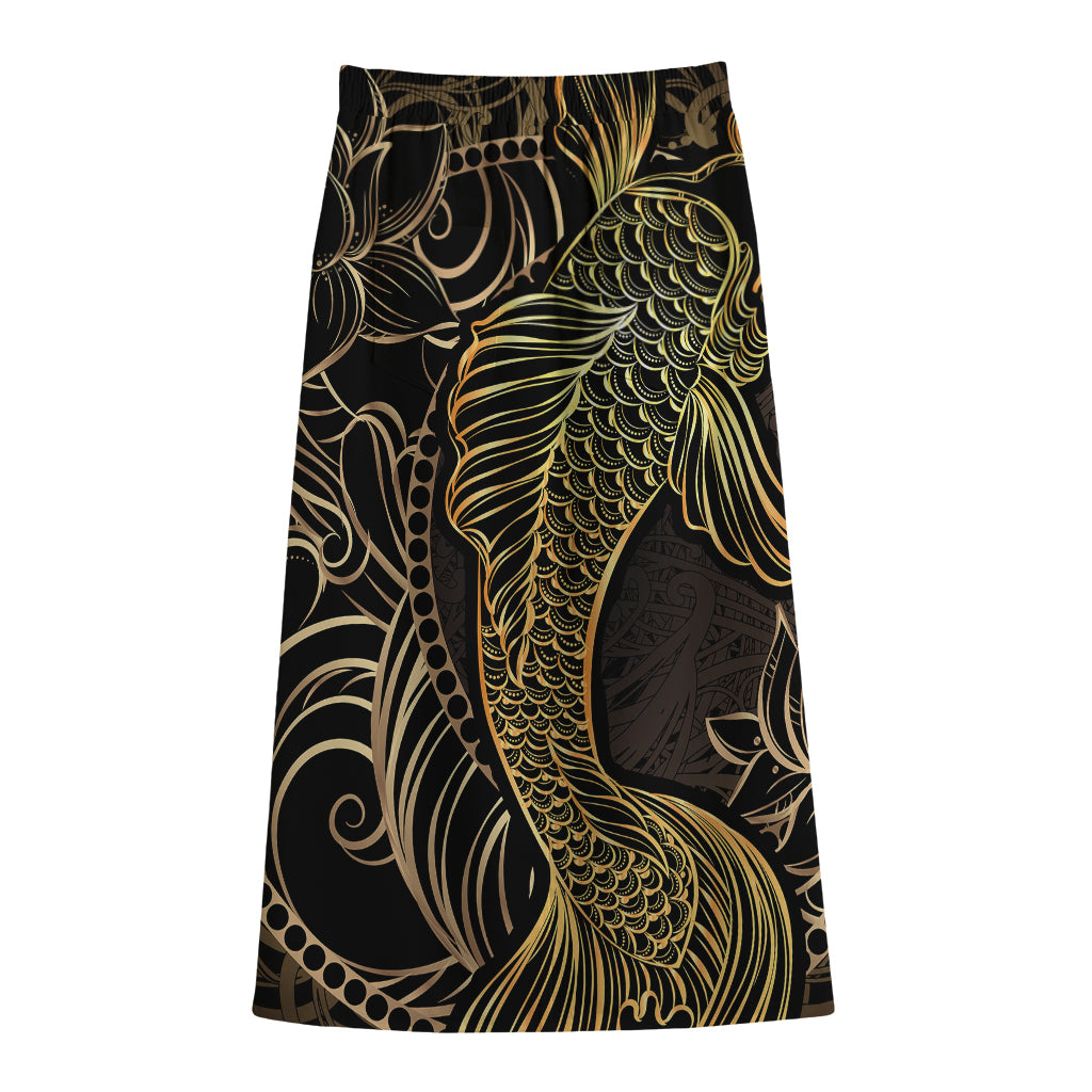 Gold Koi Carp Fish Print Cotton Front Slit Maxi Skirt