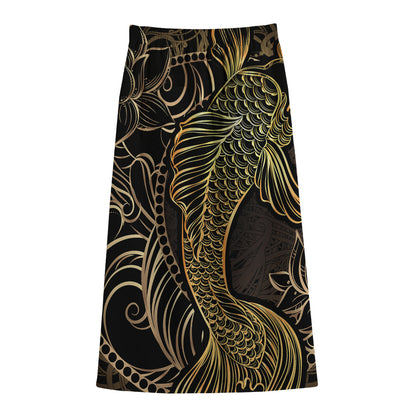 Gold Koi Carp Fish Print Cotton Front Slit Maxi Skirt