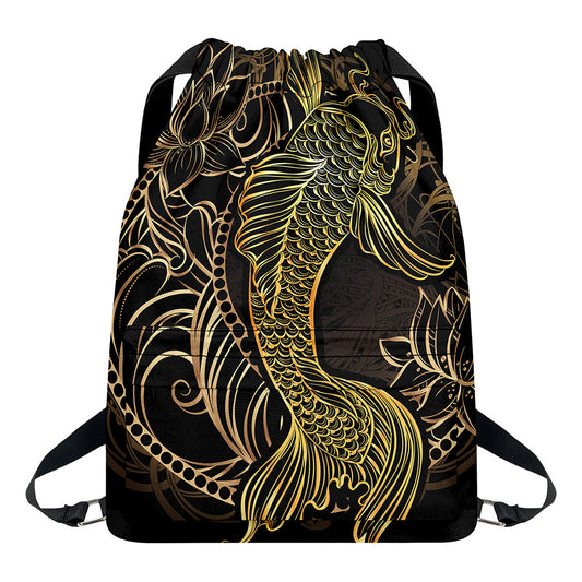 Gold Koi Carp Fish Print Drawstring Backpack