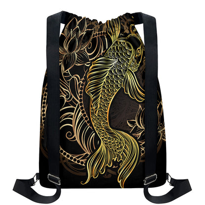 Gold Koi Carp Fish Print Drawstring Backpack