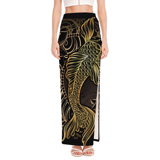 Gold Koi Carp Fish Print High Slit Maxi Skirt