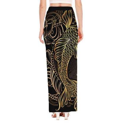 Gold Koi Carp Fish Print High Slit Maxi Skirt