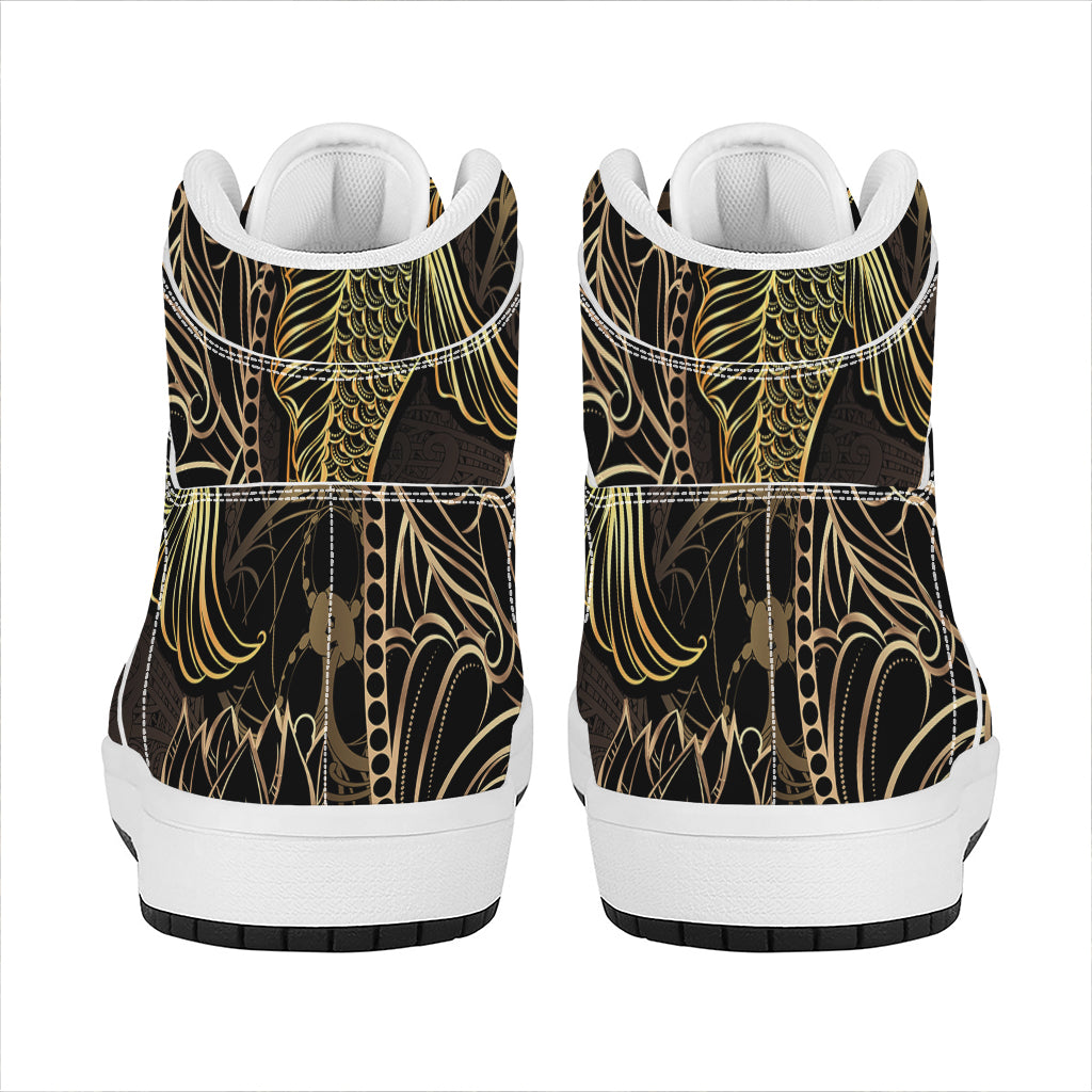 Gold Koi Carp Fish Print High Top Leather Sneakers