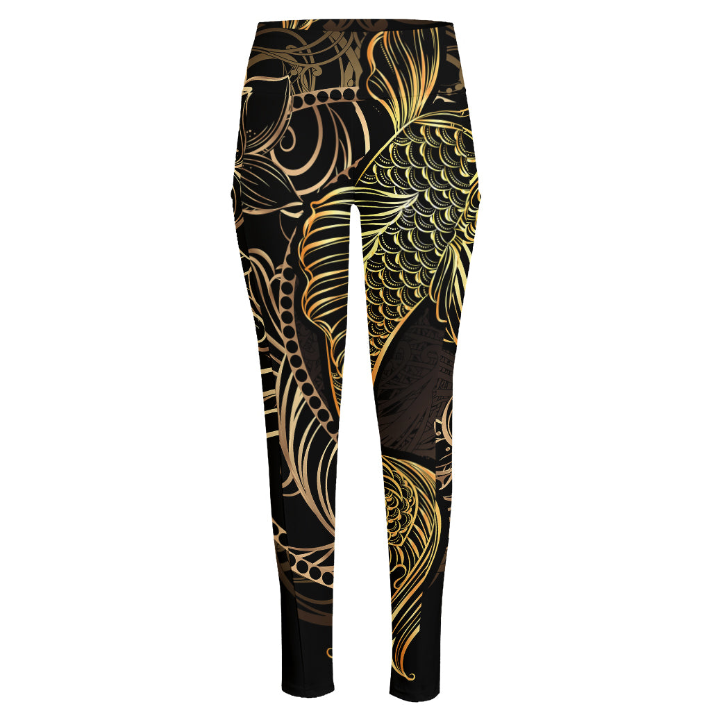 Gold Koi Carp Fish Print High-Waisted Pocket Leggings