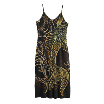 Gold Koi Carp Fish Print Jersey Midi Cami Dress