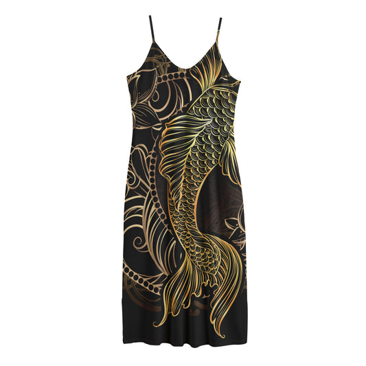Gold Koi Carp Fish Print Jersey Midi Cami Dress