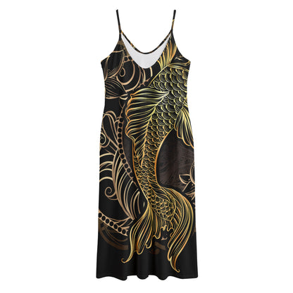Gold Koi Carp Fish Print Jersey Midi Cami Dress