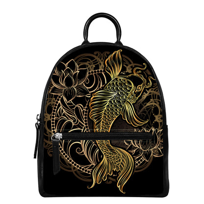 Gold Koi Carp Fish Print Leather Backpack