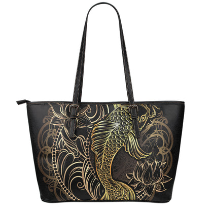 Gold Koi Carp Fish Print Leather Tote Bag