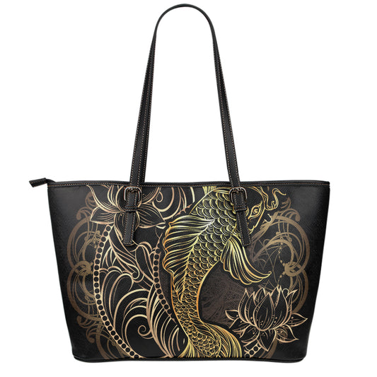 Gold Koi Carp Fish Print Leather Tote Bag