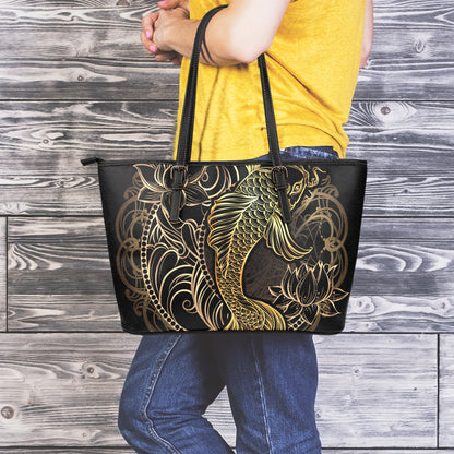 Gold Koi Carp Fish Print Leather Tote Bag