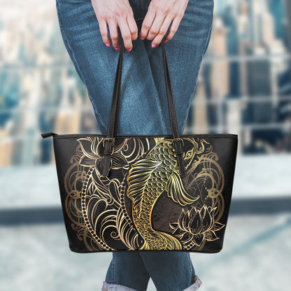 Gold Koi Carp Fish Print Leather Tote Bag