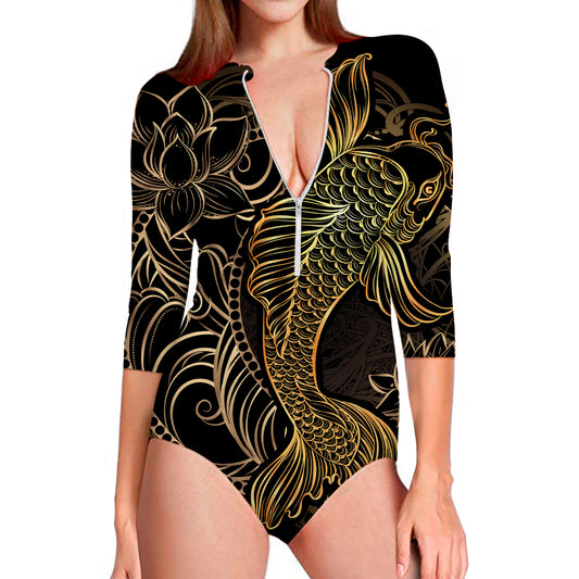 Gold Koi Carp Fish Print Long Sleeve Swimsuit