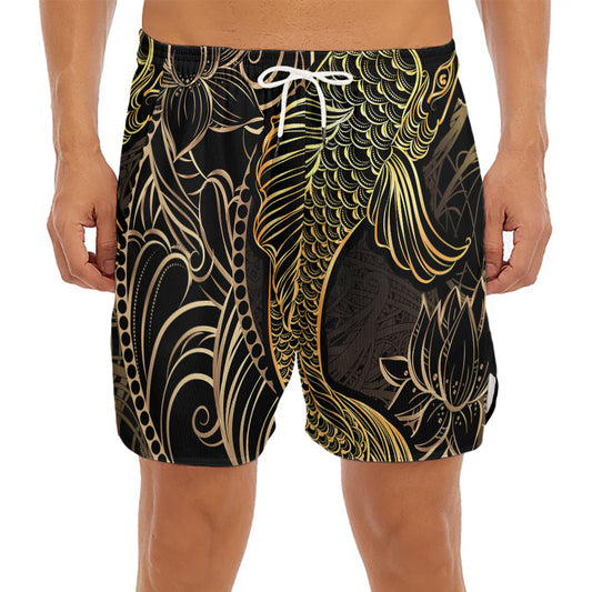 Gold Koi Carp Fish Print Men's Split Running Shorts
