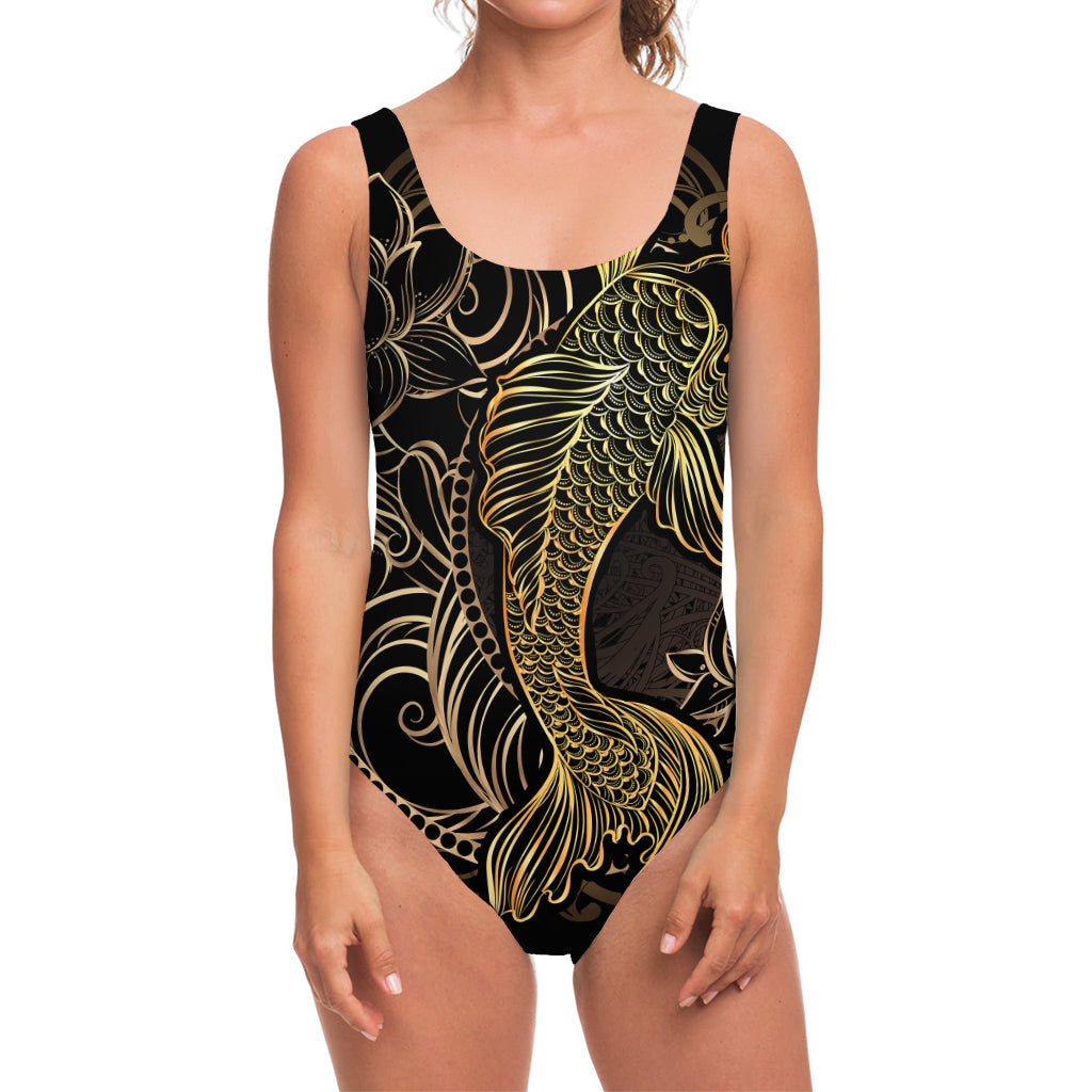 Gold Koi Carp Fish Print One Piece Swimsuit