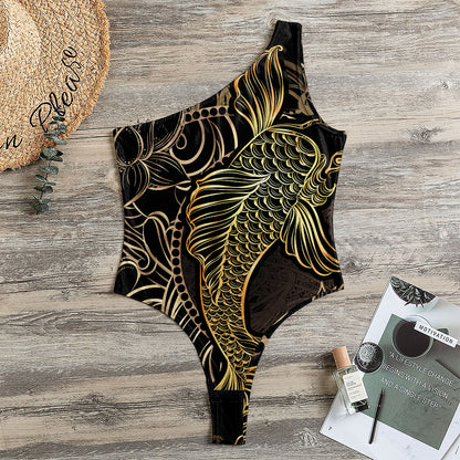 Gold Koi Carp Fish Print One Shoulder Bodysuit