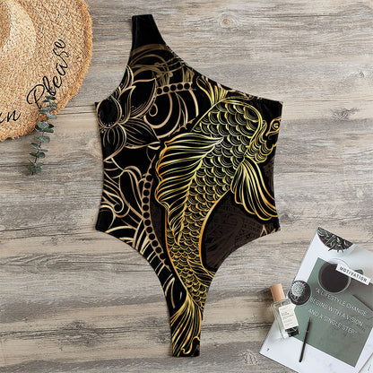 Gold Koi Carp Fish Print One Shoulder Bodysuit