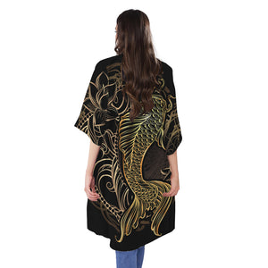 Gold Koi Carp Fish Print Open Front Beach Cover Up