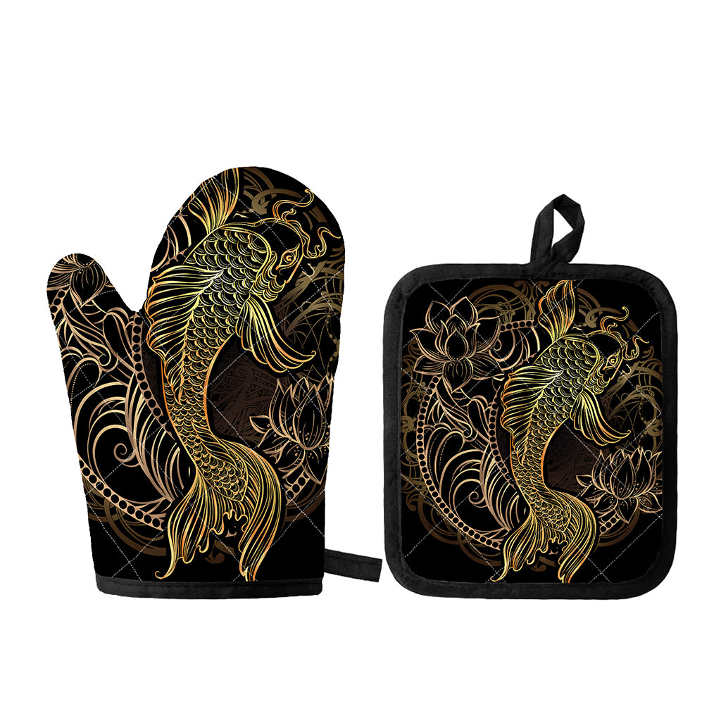 Gold Koi Carp Fish Print Oven Mitt And Pot Holder Set