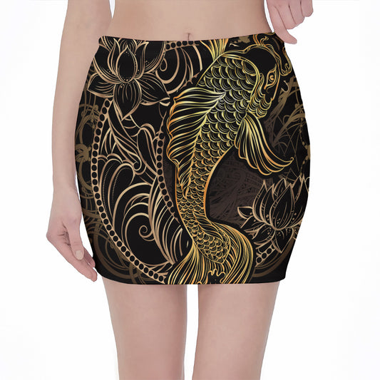 Gold Koi Carp Fish Print Pencil Mini Skirt