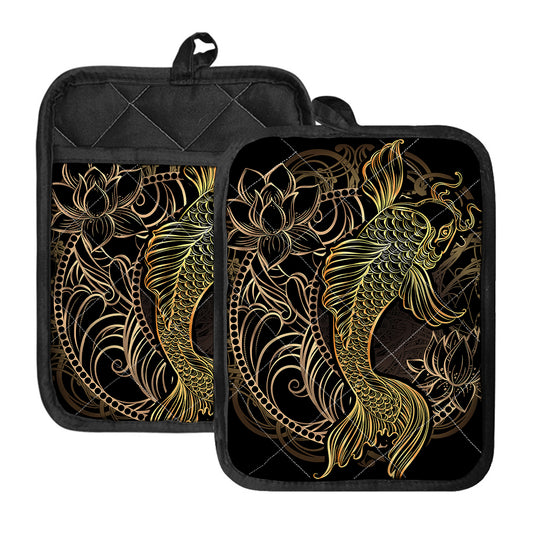 Gold Koi Carp Fish Print Pot Holders With Pocket