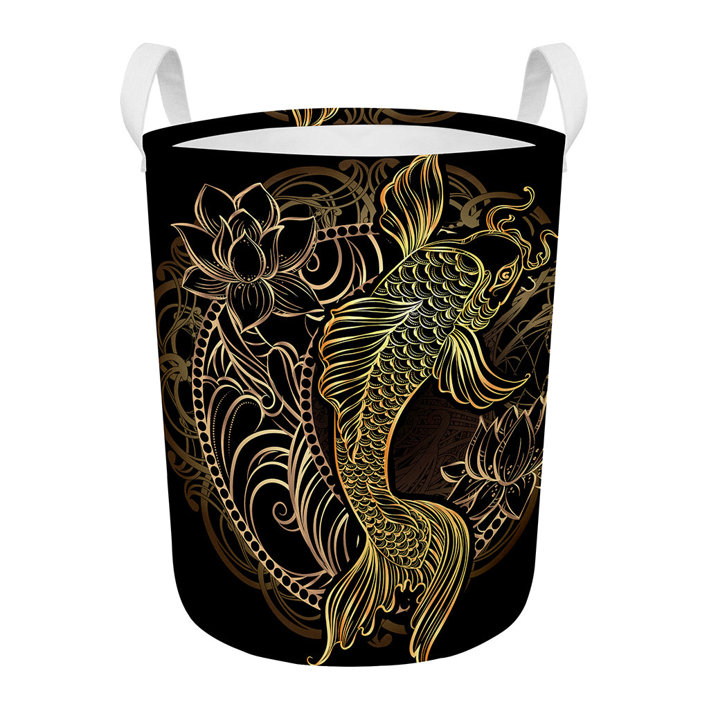 Gold Koi Carp Fish Print Round Laundry Basket