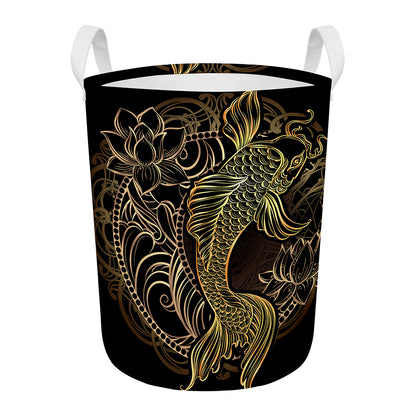 Gold Koi Carp Fish Print Round Laundry Basket