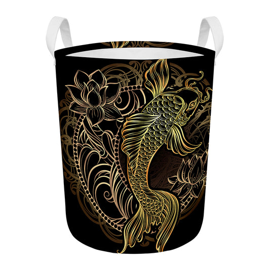 Gold Koi Carp Fish Print Round Laundry Basket