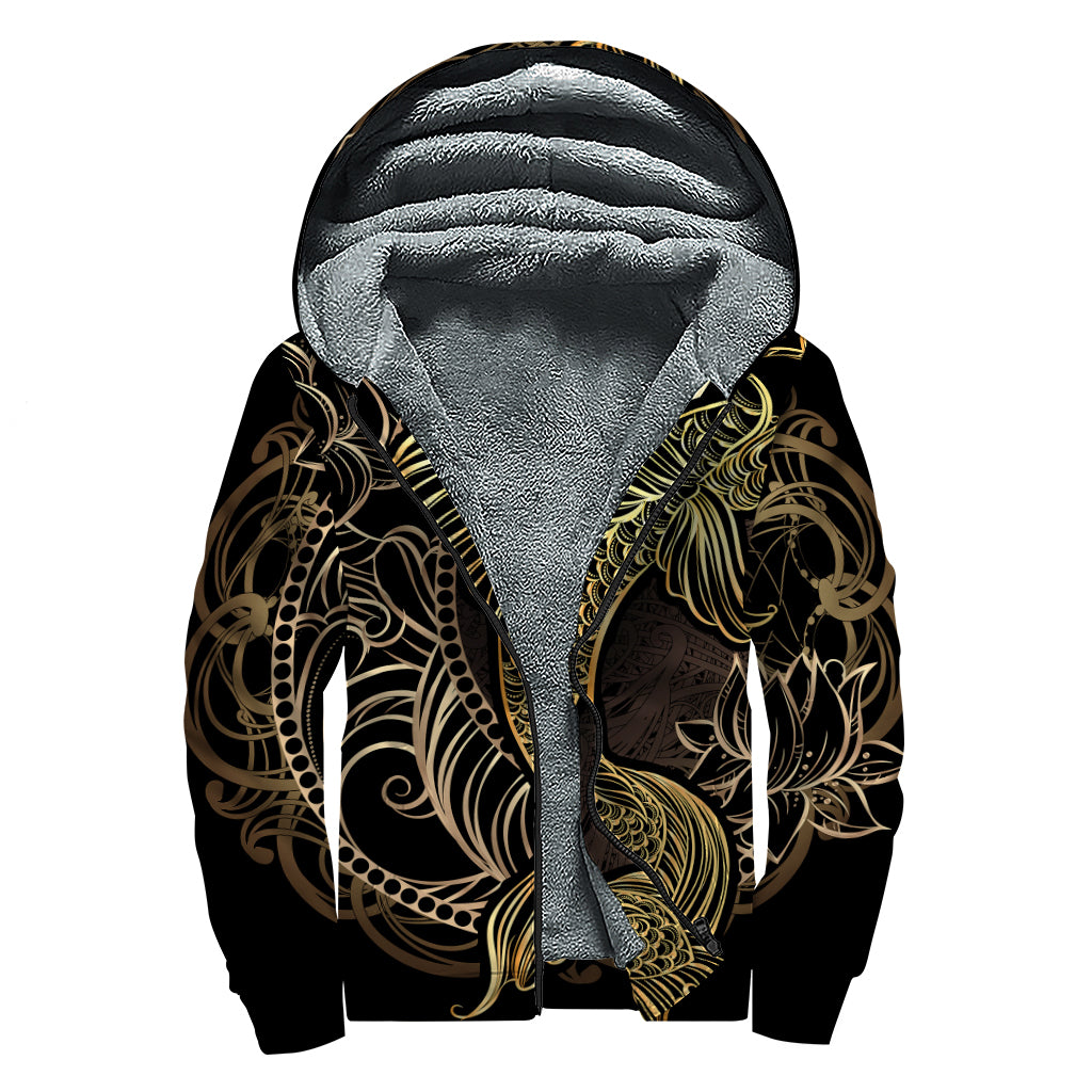 Gold Koi Carp Fish Print Sherpa Lined Zip Up Hoodie